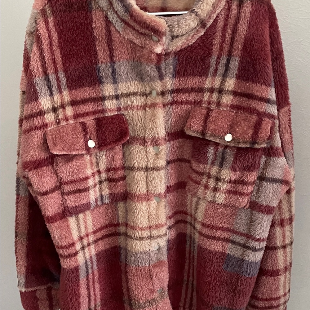 Coco + Carmen Plush Teddy Plaid Jacket in Burgundy and Cream - Picture 2 of 8
